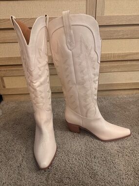 Classic Cream Western Knee-High Boots for Women